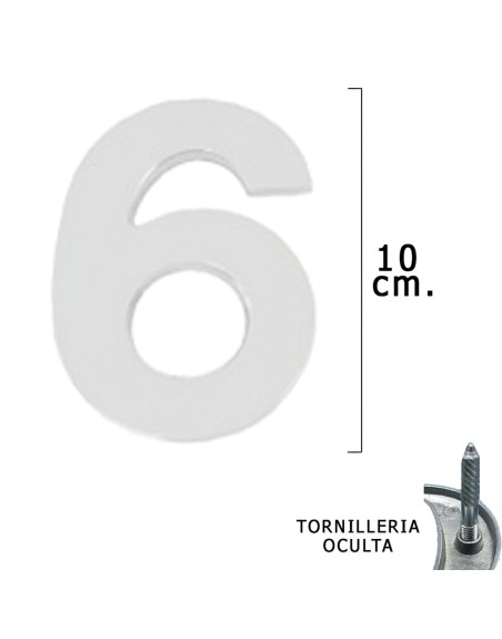 Numero Metal "6" Plateado Mate 10 cm. con Tornilleria Oculta (Blister 1 Pieza)