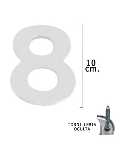 Numero Metal "8" Plateado Mate 10 cm. con Tornilleria Oculta (Blister 1 Pieza)