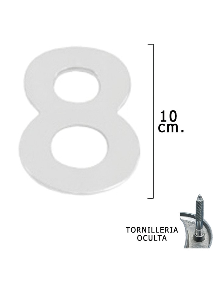 Numero Metal "8" Plateado Mate 10 cm. con Tornilleria Oculta (Blister 1 Pieza)