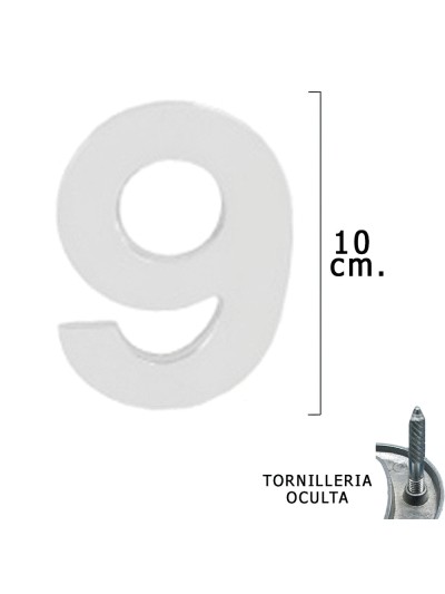 Numero Metal "9" Plateado Mate 10 cm. con Tornilleria Oculta (Blister 1 Pieza)