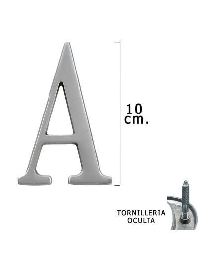 Letra Metal "A" Plateada Mate 10 cm. con Tornilleria Oculta (Blister 1 Pieza)