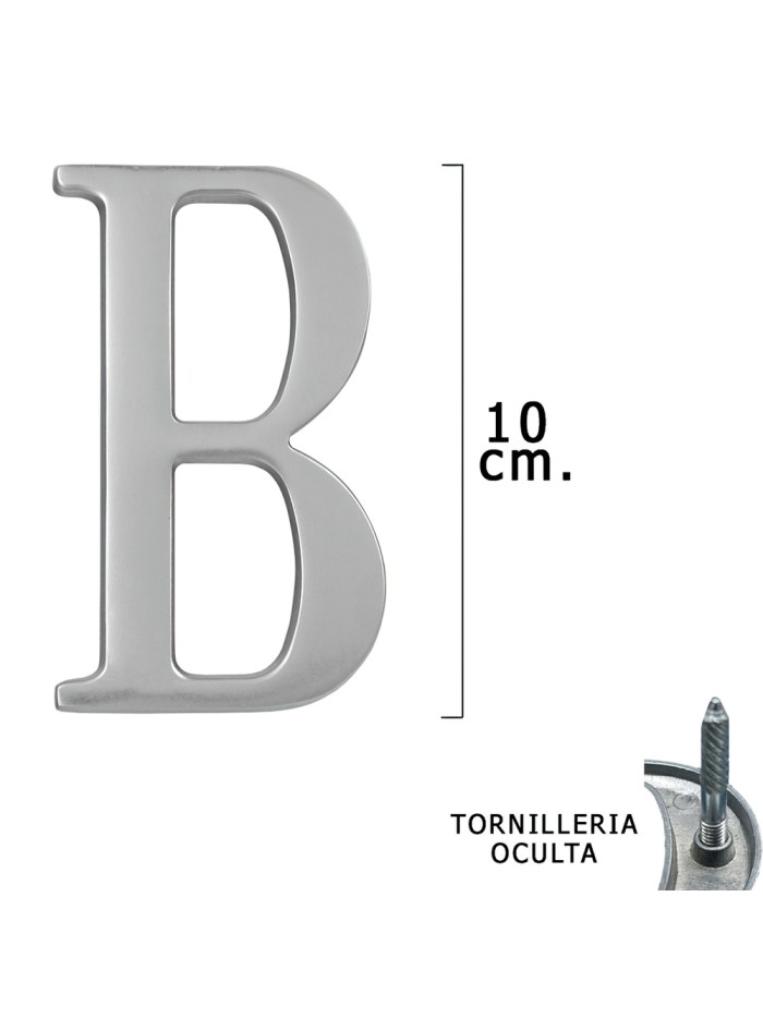 Letra Metal "B" Plateada Mate 10 cm. con Tornilleria Oculta (Blister 1 Pieza)