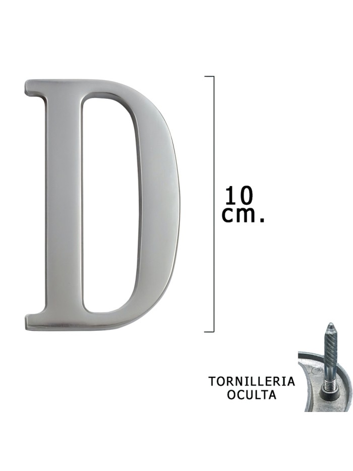 Letra Metal "D" Plateada Mate 10 cm. con Tornilleria Oculta (Blister 1 Pieza)