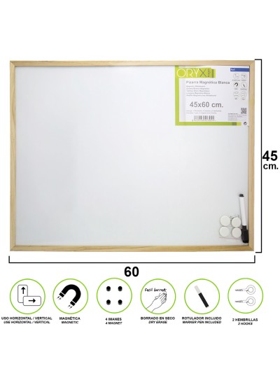 Pizarra Magnetica Blanca 45x60 cm. Con Rotulador y 4 Imánes
