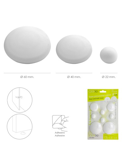 Topes Adhesivos para Paredes / Puertas / Ventanas / Mobiliario 2 x Ø 60 mm. / 2 x 40 mm. / 4 x 22 mm. (Blister 8 piezas)