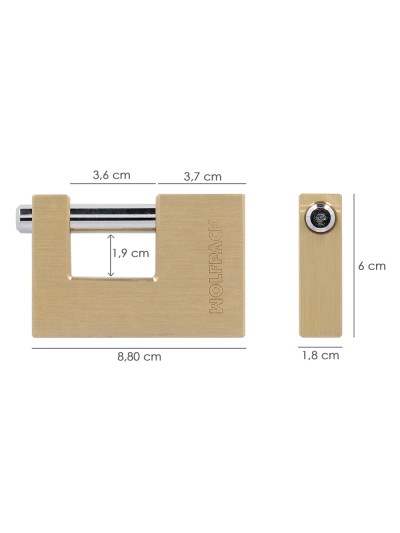 Candado Cuadrado Latón Persiana Ancho 70 mm. Alta Seguridad, Antirrobo Puertas, Contenedores, Trasteros, 2 Llaves
