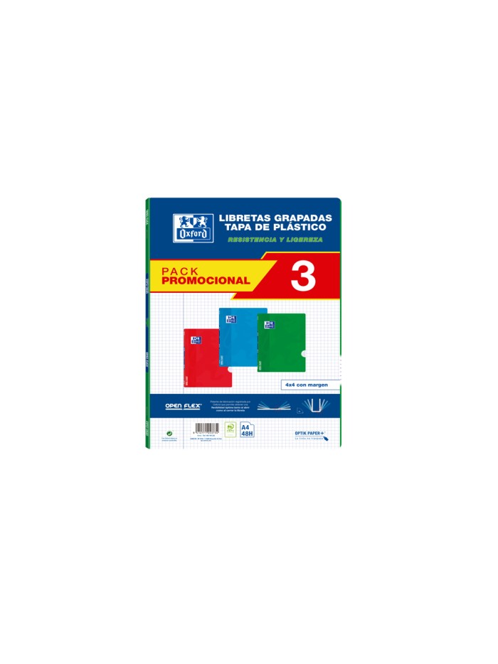 Libreta escolar oxford openflex din a4 48 hojas cuadro 4 mm pack de 3 unidades colores surtidos Libreta escolar oxford openflex din a4 48 hojas cuadro 4 mm pack de 3 unidades colores surtidos