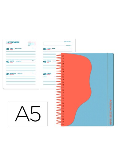 Agenda escolar liderpapel 25-26 espiral waves azul semana vista a5 bilingüe papel fsc 80 gr