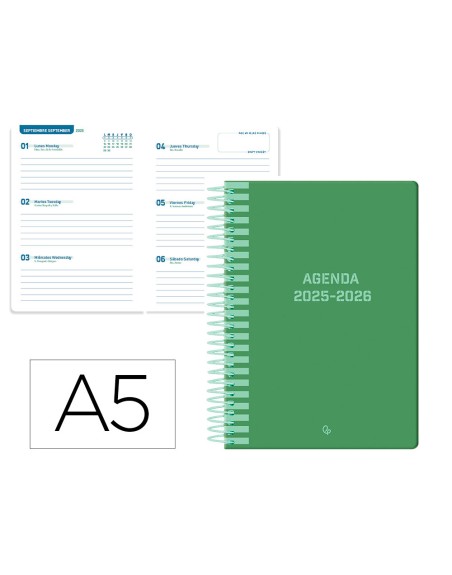 Agenda escolar liderpapel 25-26 espiral classic verde semana vista a5 bilingüe papel fsc 70 gr