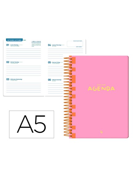 Agenda escolar liderpapel 25-26 espiral classic rosa semana vista a5 bilingüe papel fsc 70 gr