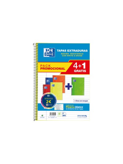 Cuaderno espiral oxford tapa extradura folio 80 hojas 90 gr rayado horizontal colores vivos pack de 4+1 unidades