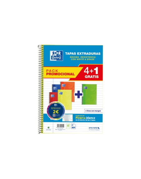 Cuaderno espiral oxford tapa extradura folio 80 hojas 90 gr rayado horizontal colores vivos pack de 4+1 unidades