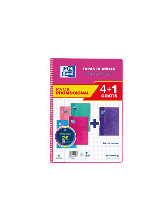 Cuaderno espiral oxford tapa blanda folio 80 hojas 90gr cuadro 4 mm colores tendencias pack de 4+1 Cuaderno espiral oxford tapa blanda folio 80 hojas 90gr cuadro 4 mm colores tendencias pack de 4+1