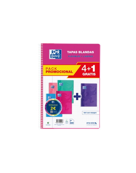 Cuaderno espiral oxford tapa blanda folio 80 hojas 90gr cuadro 4 mm colores tendencias pack de 4+1