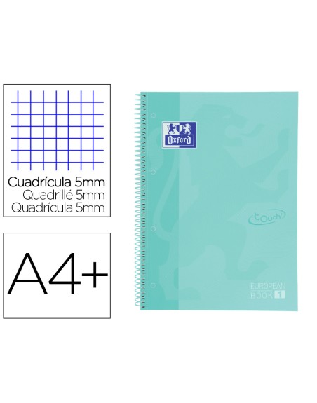 Cuaderno espiral oxford ebook 1 school touch te din a4+ 80 hojas cuadro 5 mm con margen mint pastel