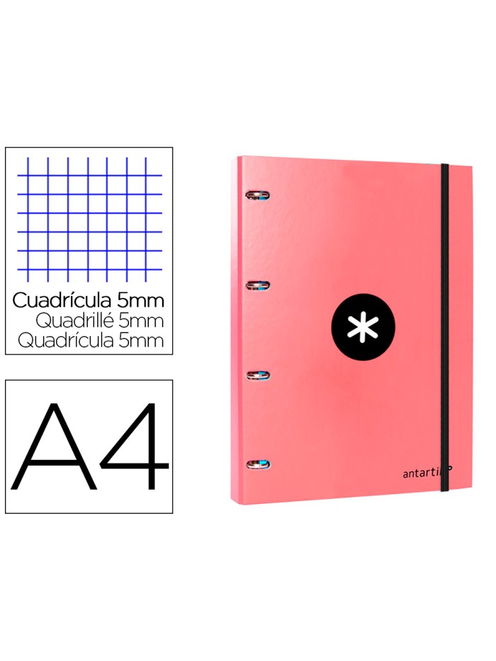 Carpeta con recambio antartik a4 cuadro 5mm forrada 4 anillas 25mm redondas color coral