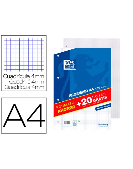 Recambio oxford a4 100 + 20 hojas gratis 90 gr cuadro 4mm 4 taladros