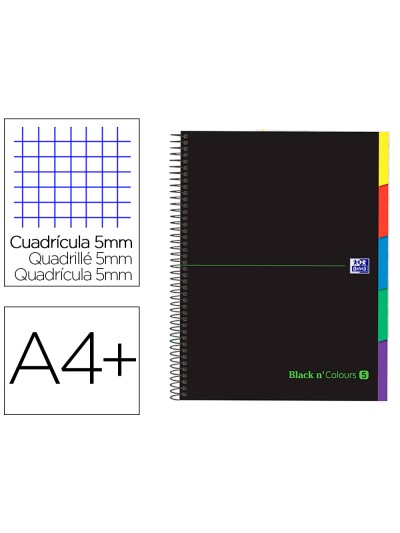Cuaderno espiral oxford ebook 5 tapa extradura din a4+ 100 h con separadores cuadricula 5 mm black'n colors verde