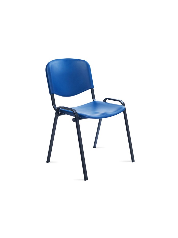 Silla rocada de oficina con brazos tapizada en tela ingnifuga y respaldo en polimero color azul