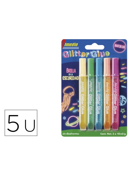 Pegamento imedio glitter glue brilla en la oscuridad para manualidades 10 ml blister de 5 unidades colores surtidos