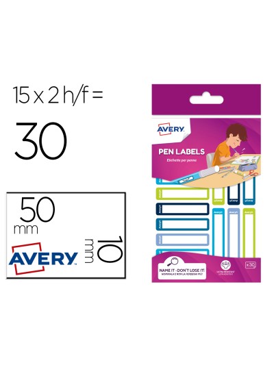Etiqueta avery para boligrafos y lapices azul y verde 50x10 mm blister de 30 unidades