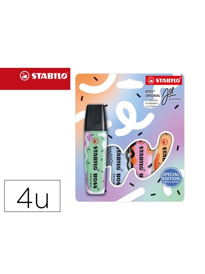 Rotulador stabilo boss fluorescente original pastel by ju schnee estuche de 4 colores surtidos