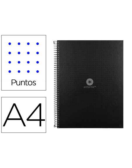Cuaderno espiral a4 micro antartik dots tapa forrada 80h 90 gr rayado puntos 1 banda 4 taladros negro