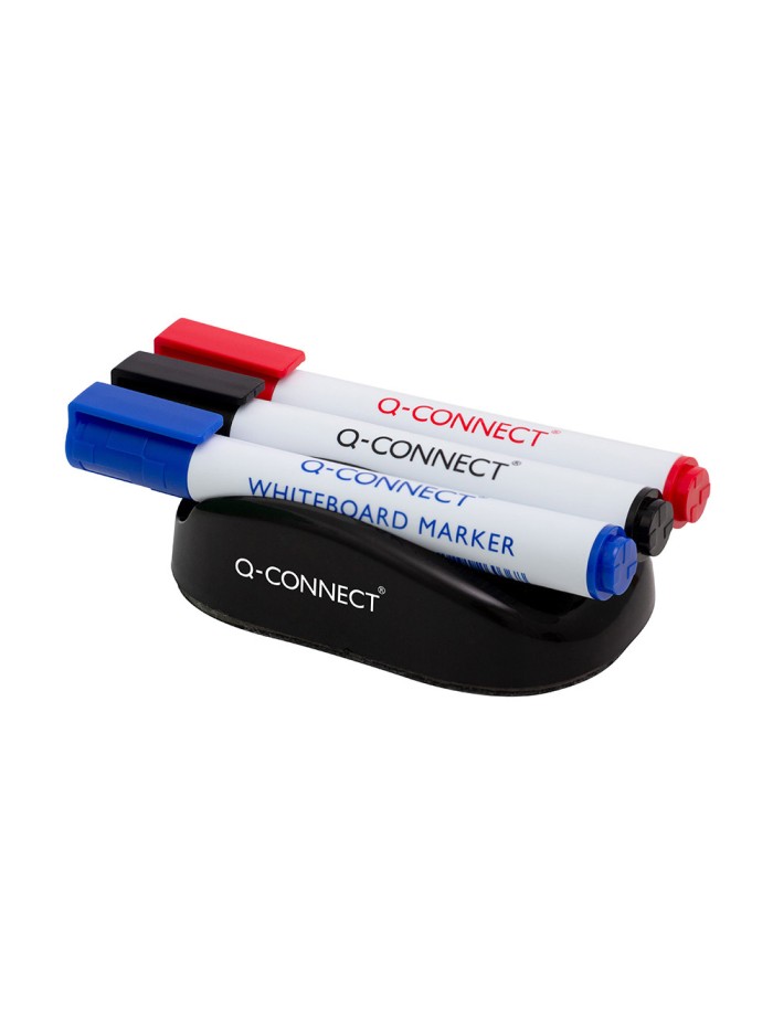 Borrador q-connect magnetico para pizarra blanca con 3 rotuladores azul negro y rojo Borrador q-connect magnetico para pizarra blanca con 3 rotuladores azul negro y rojo