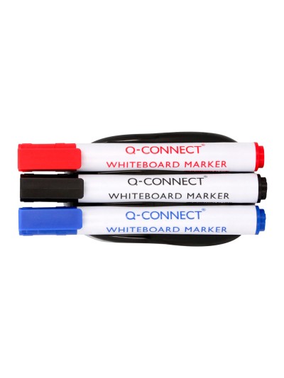 Borrador q-connect magnetico para pizarra blanca con 3 rotuladores azul negro y rojo