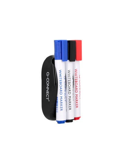 Borrador q-connect magnetico para pizarra blanca con 3 rotuladores azul negro y rojo