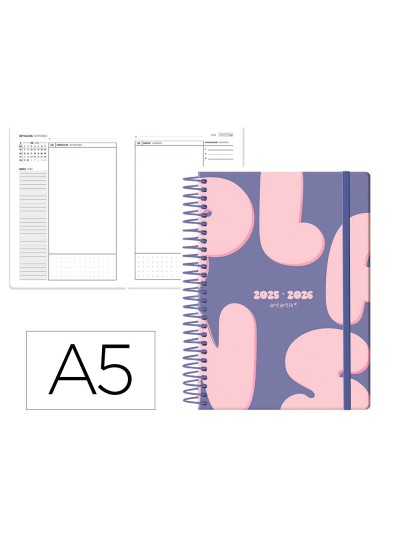 Agenda escolar antartik 25-26 espiral plans morado dia pagina a5 bilingüe papel fsc 80 gr
