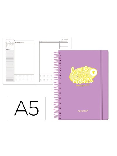 Agenda escolar antartik 25-26 espiral here and now morado dia pagina a5 bilingüe papel fsc 80 gr