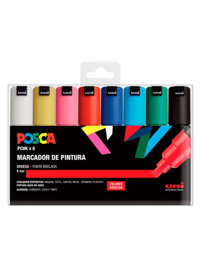 Rotulador uni posca pc-8k/8c marcador de pintura punta biselada 8 mm estuche de 8 unidades colores basicos