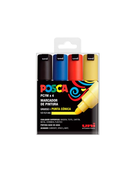 Rotulador uni posca pc-7m/4c marcador de pintura punta conica 4,5-5,5 mm estuche de 4 unidades colores basicos