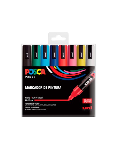 Rotulador uni posca pc-5m/8c marcador de pintura punta conica 1,8-2,5 mm estuche de 8 unidades colores basicos