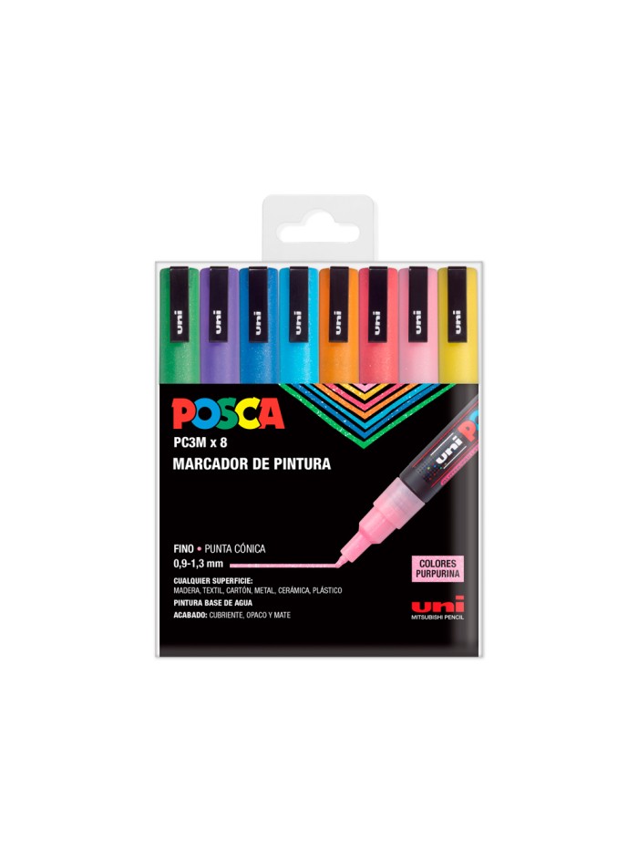 Rotulador uni posca pc-3m/8c marcador de pintura punta conica 0,9-1,3 mm estuche de 8 unidades colores purpurina Rotulador uni posca pc-3m/8c marcador de pintura punta conica 0,9-1,3 mm estuche de 8 unidades colores purpurina