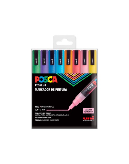 Rotulador uni posca pc-3m/8c marcador de pintura punta conica 0,9-1,3 mm estuche de 8 unidades colores purpurina
