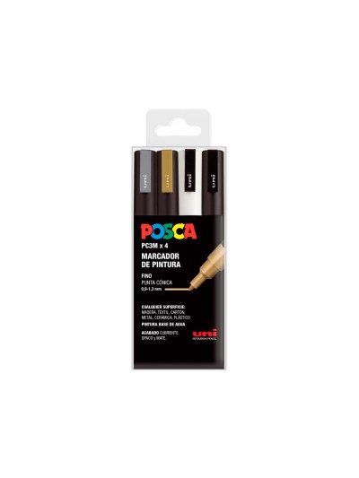 Rotulador uni posca pc-3m/4c marcador de pintura punta conica 0,9-1,3 mm gswb estuche de 4 unidades