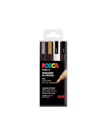 Rotulador uni posca pc-3m/4c marcador de pintura punta conica 0,9-1,3 mm gswb estuche de 4 unidades