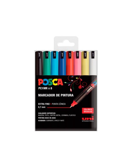 Rotulador uni posca pc1mr/8c marcador de pintura punta extrafina 0,7 mm estuche de 8 unidades colores basicos