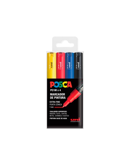 Rotulador uni posca pc-1m/4c marcador de pintura punta extrafina 0,7 mm estuche de 4 unidades colores basicos