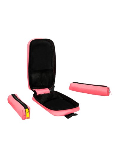 Estuche portatodo antartik forma de mochila con bolsillo y 4 departamentos color coral 230x50x120 mm