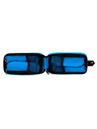 Estuche portatodo antartik forma de mochila con bolsillo y 4 departamentos color azul 230x50x120 mm