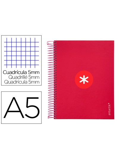 Cuaderno espiral a5 micro antartik tapa forrada120h 90 gr cuadro 5mm 5 bandas6 taladros color frambuesa