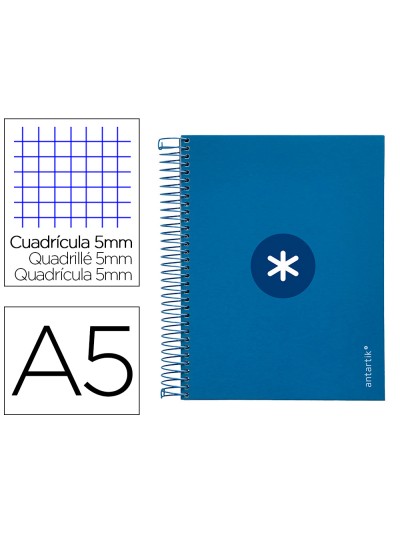 Cuaderno espiral a5 micro antartik tapa forrada120h 90 gr cuadro 5mm 5 bandas6 taladros color azul oscuro