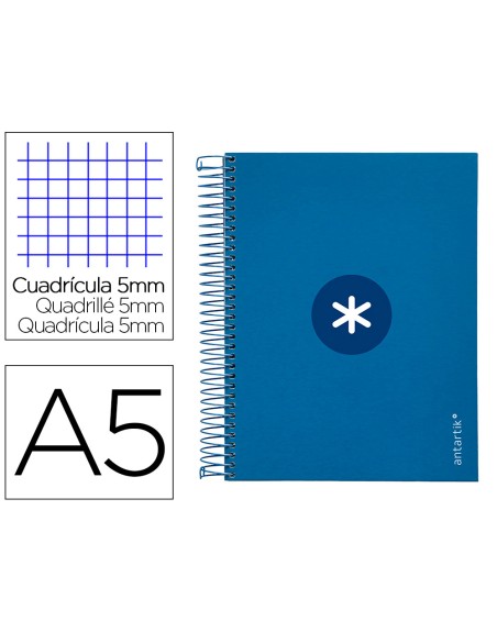 Cuaderno espiral a5 micro antartik tapa forrada120h 90 gr cuadro 5mm 5 bandas6 taladros color azul oscuro