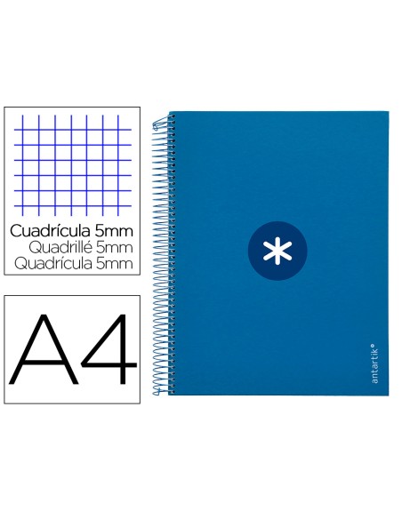 Cuaderno espiral a4 micro antartik tapa forrada 120h 90 gr cuadro 5mm 5 bandas 4 taladros color azul marino
