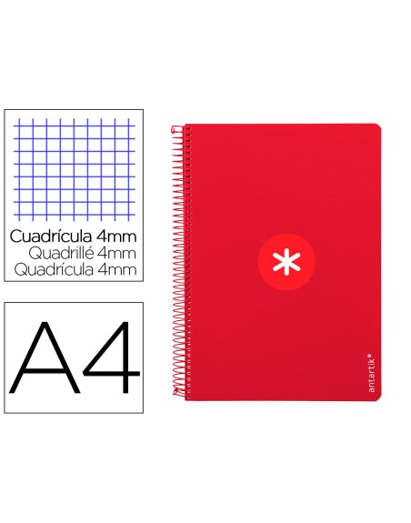 Cuaderno espiral a4 antartik tapa dura 80h 90gr cuadro 4mm con margen color frambuesa