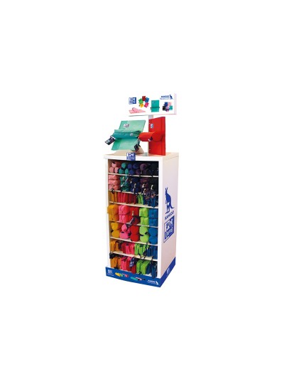 Bolso escolar portatodo oxford expositor de 105 unidades colores surtidos 1200x120x565 mm