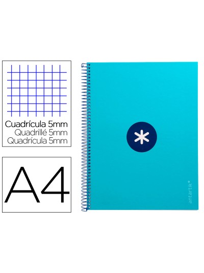Cuaderno espiral a4 micro antartik tapa forrada 80h 90 gr cuadro 5mm 1 banda 4 taladros turquesa
